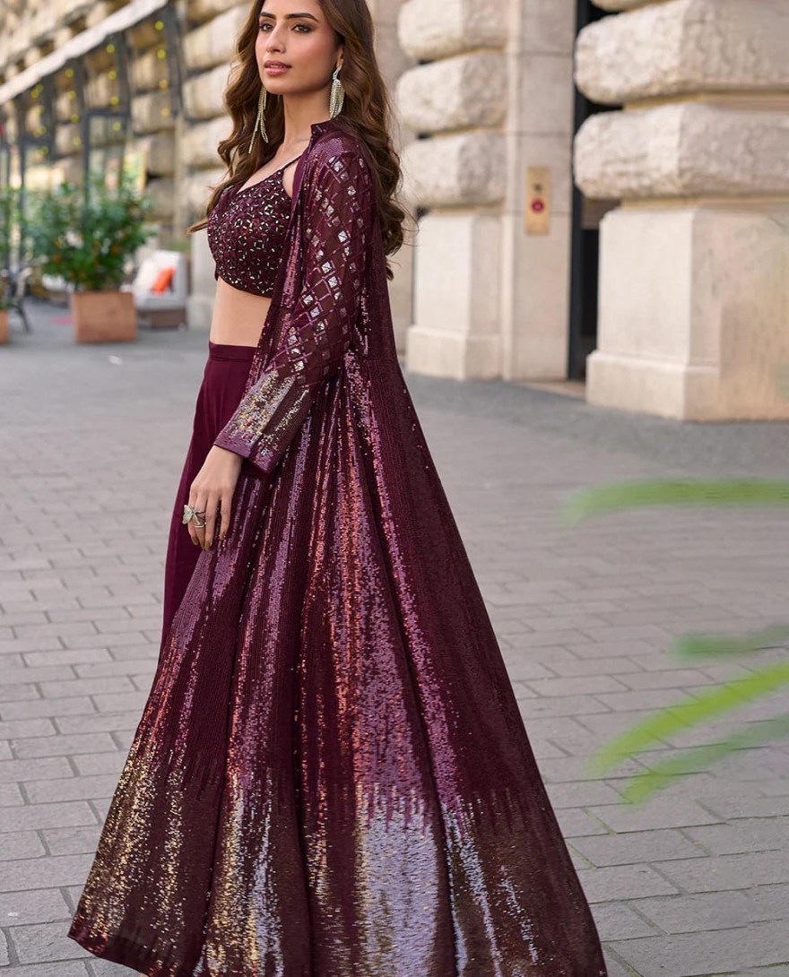 MAROON - Designer Wine Jacket & Crop Top Indo Western Suit – Modern Party Look